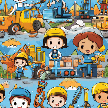 Kids engineers cartoon children workers construction repeat pattern	