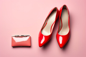 Pair of red shoes and purse on pink background.