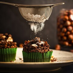 Chocolate cupcake with crunchy hazelnuts is dusted with icing sugar. Inside a white plate and with a blurry dark gray concrete background