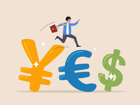 Foreign Exchange trading between currency around the word or investment fund flow concept, success businessman investor wearing suit walking on Japanese yen, Euro and US Dollar money currency symbol.