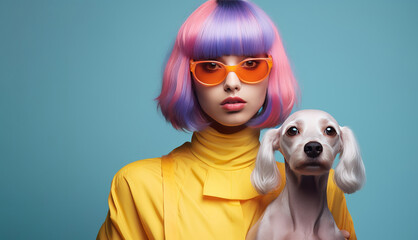 Joyful young happy woman hold dog best friend lover owner isolated on blue color background.