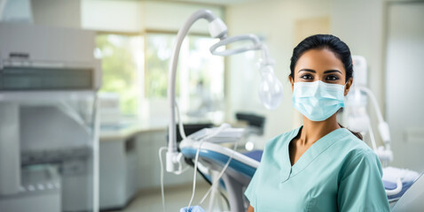 Young woman working as dentist, female in face mask posing at her office or clinic. Generative AI