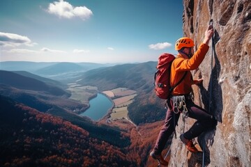 A climber on a steep face in the mountains. - obrazy, fototapety, plakaty