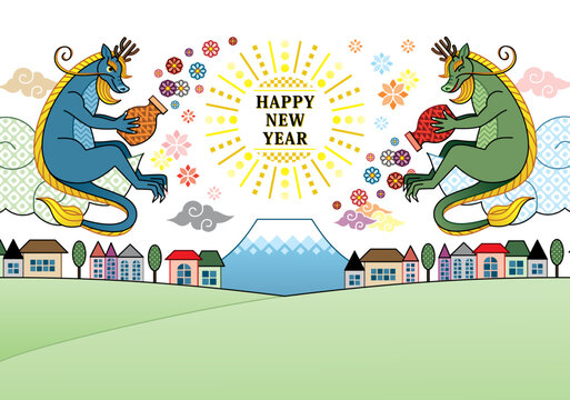 辰年イラスト年賀状デザイン「空の龍」HAPPY NEW YEAR（Year of the dragon illustration new year's card greeting post card design）