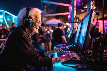 An elderly pc gamer winning a game. - obrazy, fototapety, plakaty