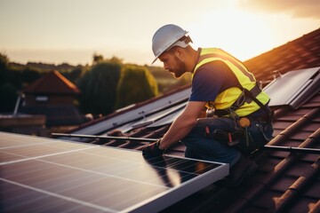 An Engineer installing solar panels on a roof.