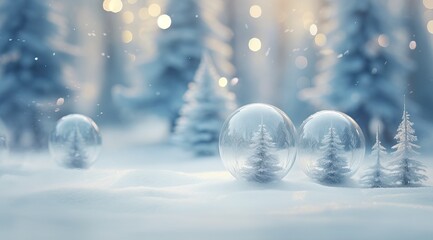 Fototapeta na wymiar Christmas Balls over a Light Surface on a snowy Winter X Mas background.
