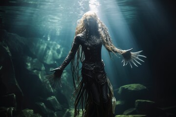 Full body shot of a mermaid underwater.