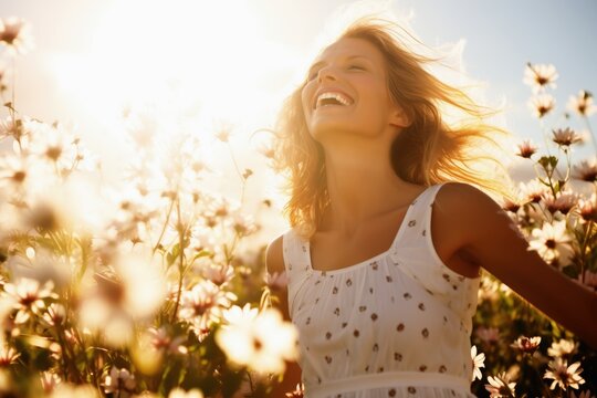 A young woman runs carefree over a beautiful flower meadow in sunshine.