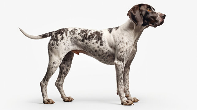 Full-body portrait photograph of a brown and white English pointer dog isolated against a white background.