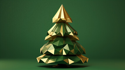 Elegant gold green Christmas tree in low poly art on green background