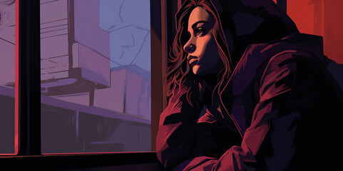 Artwork of a Girl Wearing a Hoodie Looking out a Window at a City - obrazy, fototapety, plakaty