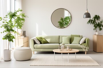 Moder Living Room Design. Nature Lover House. Green Interior. - obrazy, fototapety, plakaty