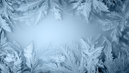 Closeup view of a frost ornamental frame in cold blue with a copy space. Generative AI