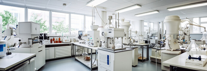 Modern science laboratory with cabinets, research desks, computers and other analytic equipment. Generative AI