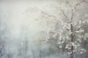 Elegant beautiful winter tree with frost covered branches and golden leaves and ice textured background. Generative AI