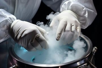  IVF treatment. Artificial insemination. Close-up hand working with liquid nitrogen from cryogenic tank at sciences laboratory. High tech medical lab equipment used in vitro fertilization process - obrazy, fototapety, plakaty