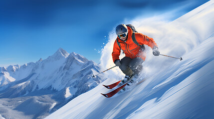 The skilled skier, dressed in vivid winter attire, effortlessly glides through the fresh powder with precision. A skier rides down the slope in winter, skiing on snowy mountains.