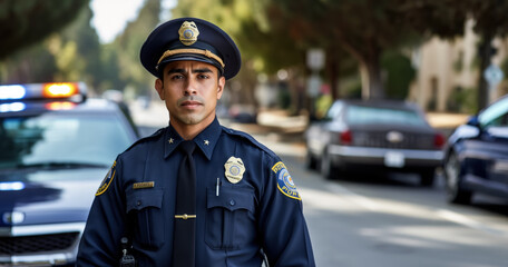 Obraz premium Man working as police officer or cop, closeup portrait, blurred city background, vehicle near. Generative AI