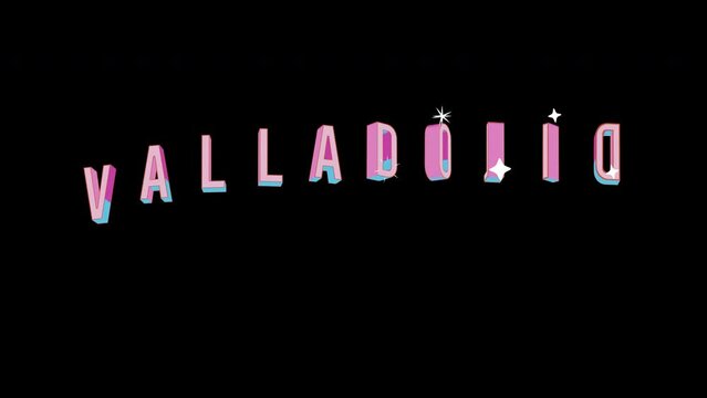Bright letters jump merrily in the inscription VALLADOLID city. Retro. Alpha channel black. Looped from frame 120 to 240, Alpha BW at the end
