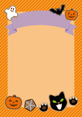 Halloween illustration A4 template with icing cookies of jack o' lantern, black cat, ghost and ribbon. Cute and fun vertical halloween background for flyer, card or poster design