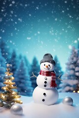 Fototapeta premium Happy Snowman over a Snowy Background. X Mas Season. December 25th Event.