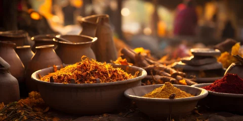 Fototapeten Bowls with colourful Indian or Mexican spice in market in India © Silga