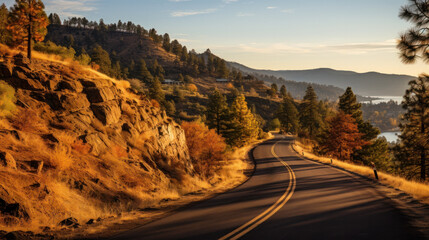 Empty asphalt road and mountain natural scenery on a sunny day. Fall time, autumn scene