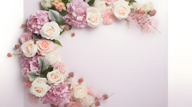 Flat lay of various flowers in pastel colors with copy space