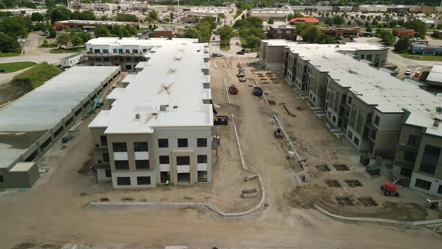Large construction site, Construction of modern residential buildings. Aerial shot