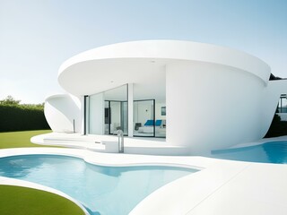 Fototapeta na wymiar Experience the sleek and sophisticated exterior of a modern minimalist white villa, complete with a sparkling swimming pool and clean lines that exude luxury and simplicity
