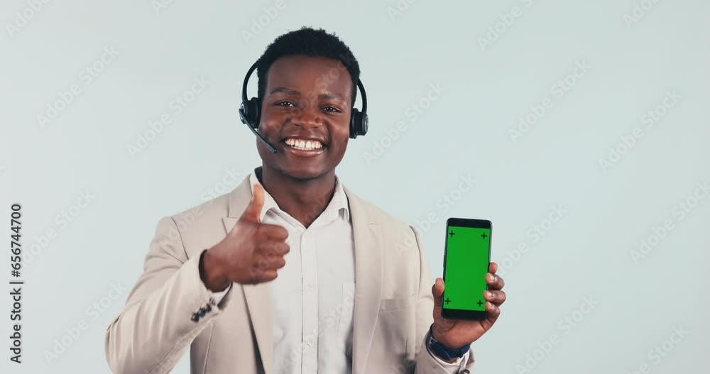 Poster call center, black man and pointing to phone with green screen with ok mobile app for communication.