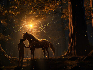 A centaur drawing a golden bow, aimed at a starlit sky, mythical forest setting, magical forest lighting with artificial starlight