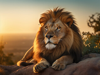 A majestic lion lying on a rock, mane beautifully lit by the sun, against a savannah backdrop