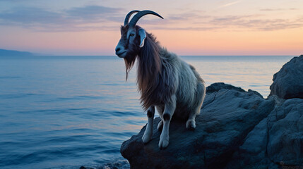 A sea - goat majestically perched on a cliff, half in water and half on land, at twilight