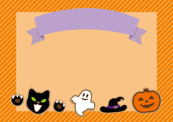 Halloween illustration A4 template with icing cookies of jack o' lantern, black cat, ghost and ribbon. Cute and fun horizontal halloween background for flyer, card or poster design