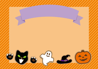 Fototapeta premium Halloween illustration A4 template with icing cookies of jack o' lantern, black cat, ghost and ribbon. Cute and fun horizontal halloween background for flyer, card or poster design