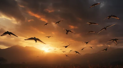 Zelfklevend Fotobehang flock of African birds flying against dramatic sky, rays of sunlight piercing through clouds © Marco Attano