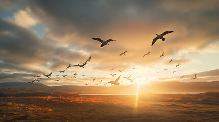 flock of African birds flying against dramatic sky, rays of sunlight piercing through clouds - obrazy, fototapety, plakaty