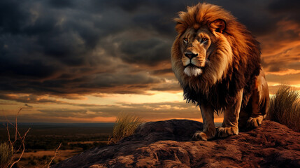 lone lion atop a rock, overlooking savannah, dramatic skies, sunset colors
