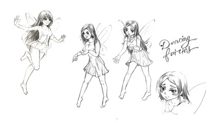 Dancing fairies are hand drawn with a black line on a white background, the inscription 