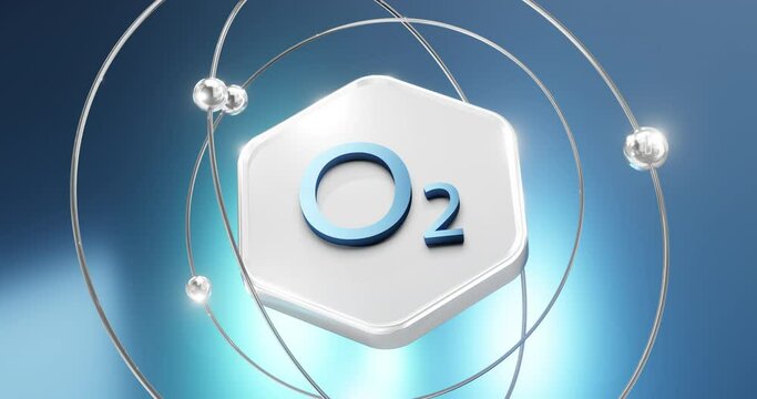 element o2 oxygen symbol located on a hexagon with atoms and orbits, dioxygen, pure air diatomic gas
