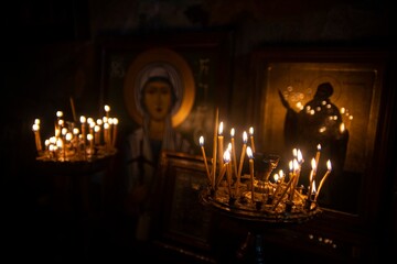 Candles in old Orthodox Christian Church with paintings in the backround