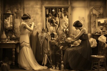 Elegance in Creation: 1920s Fashion Atelier with Dressmakers and Models