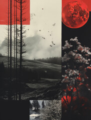 Red and Black Creepy Scary Halloween Spooky Mixed Media Collage Black and White Photography Atmostpheric Landscape Nature Mountains Trees