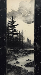 Mixed Media Collage Black and White Photography Atmostpheric Landscape Nature Mountains Trees