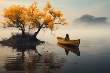  Tranquil image of a woman in a soft yellow boat, floating on a calm lake that reflects the pastel mist enveloping the scene, evoking a sense of peace.