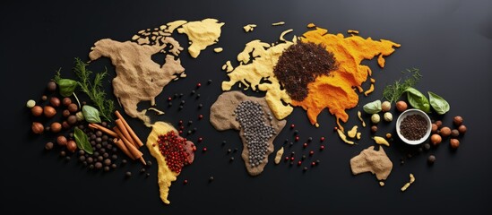 Spices create a world map on grey background with copyspace for text