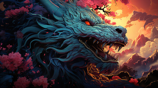 Fantastical dragon in cartoon style, fantastic character, colorful bright background.ai generative art