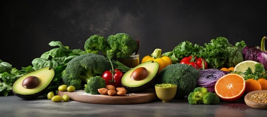 Vegan foods rich in fiber antioxidants vitamins and minerals on a grey background with copyspace for text